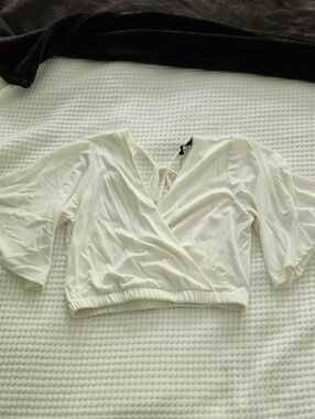 Lulu's Cream Crop Wrap Tie-Back Blouse